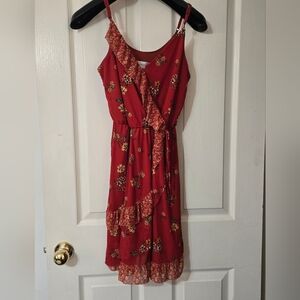 Xhilaration Sz XS Orange Rust Floral Faux Wrap Dress Mesh Spaghetti Strap Ruffle